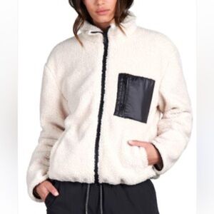 Sanctuary Ivory Sherpa Zip up Jacket with faux leather  black trims size Large